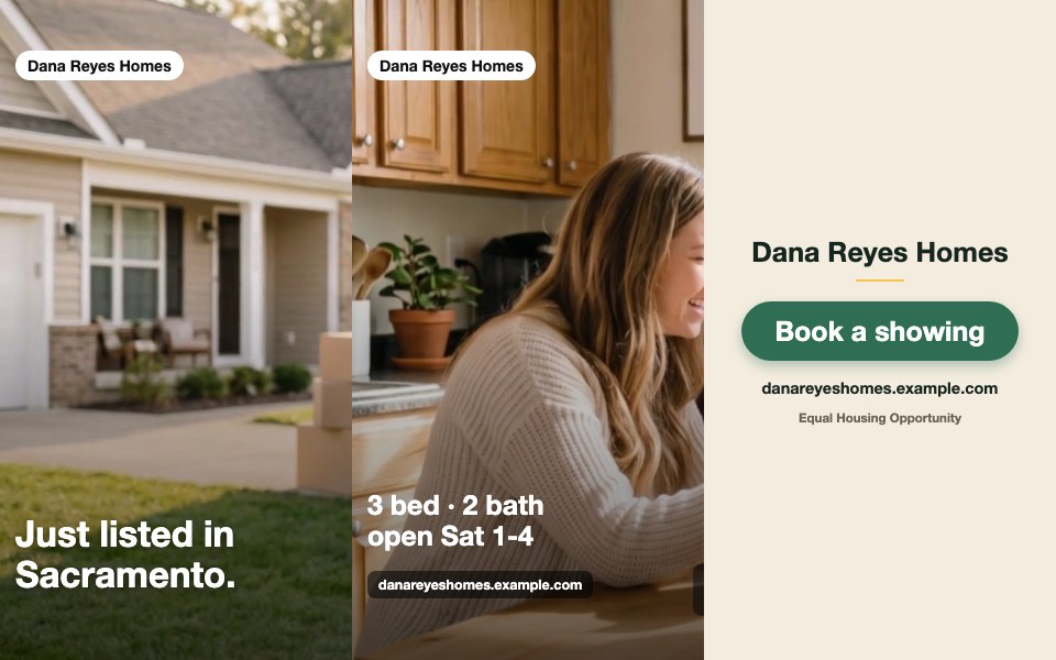 Three frames from a sample listing video for Dana Reyes Homes: a house exterior with the hook Just listed in Sacramento, a kitchen with the facts 3 bed, 2 bath, open Sat 1-4, and the Book a showing end card with the agent's web address