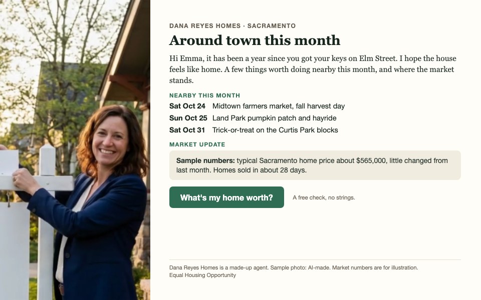 A sample monthly newsletter from Dana Reyes Homes: a photo of the agent beside a SOLD sign, a short note to Emma, three local events, a market update with sample numbers, and a What's my home worth? button